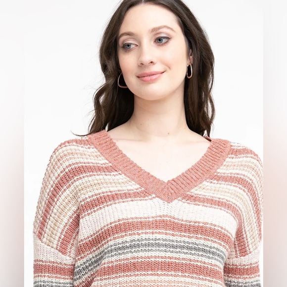 Ricki’s Striped Knit Pink V-Neck Casual Sweater Oversized Size Medium - Picture 4 of 10